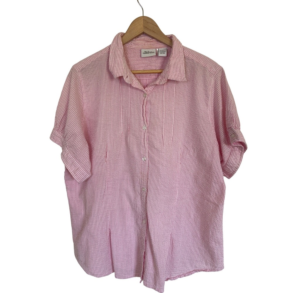 Vermont Country Store Womens 2X Pink White Seersucker Stripe Button Down Shirt